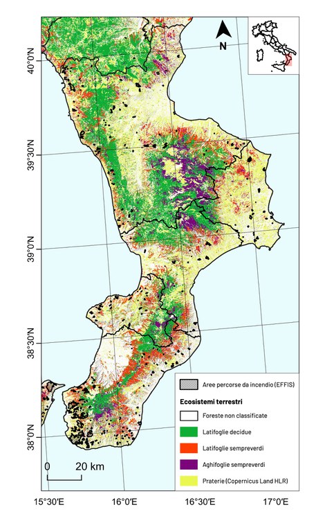 Figura 1: Distribuzione delle aree percorse da incendio nell’anno 2023 e rilasciate da EFFIS per la regione Calabria. Viene riportata anche la classificazione degli ecosistemi forestali ottenuta grazie al Ecosystems Classification Model - Forest4 (ECM-F4) relativo all’anno 2020 e la classe prateria proveniente dal layer High Layer Resolution Land Monitoring Service Copernicus (HLR). calabria_23.jpg