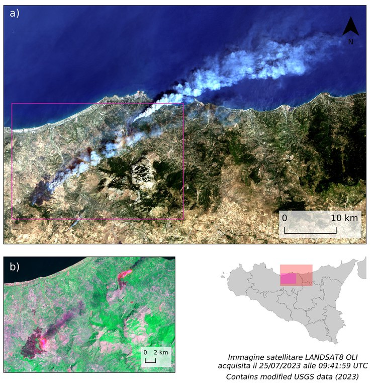 Figura 3: Dispersione plume atmosferici (a) e fronti di fiamma attivi (b) nell’incendio avvenuto nell’area del Parco Naturale delle Madonie, in provincia di Palermo. Acquisizione LANDSAT 8 OLI del 25 luglio 2024 alle ore 11:41 locali. Elaborazione dati ISPRA CRE-CSA. Madonie.jpg