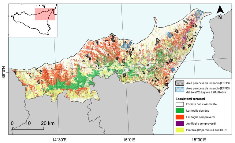 Figura 1: Poligoni neri: distribuzione delle aree percorse da incendio nell’anno 2023 e rilasciate da EFFIS per la provincia di Messina. Poligoni blu: aree percorse da incendio occorse nei due periodi dal 24 al 27 luglio e il 21 settembre. Viene riportata anche la classificazione degli ecosistemi forestali ottenuta grazie al prodotto Ecosystems Classification Model - Forest4 (ECM-F4) relativo all’anno 2020 e la classe prateria proveniente dal layer Copernicus HLR. messina.jpg
