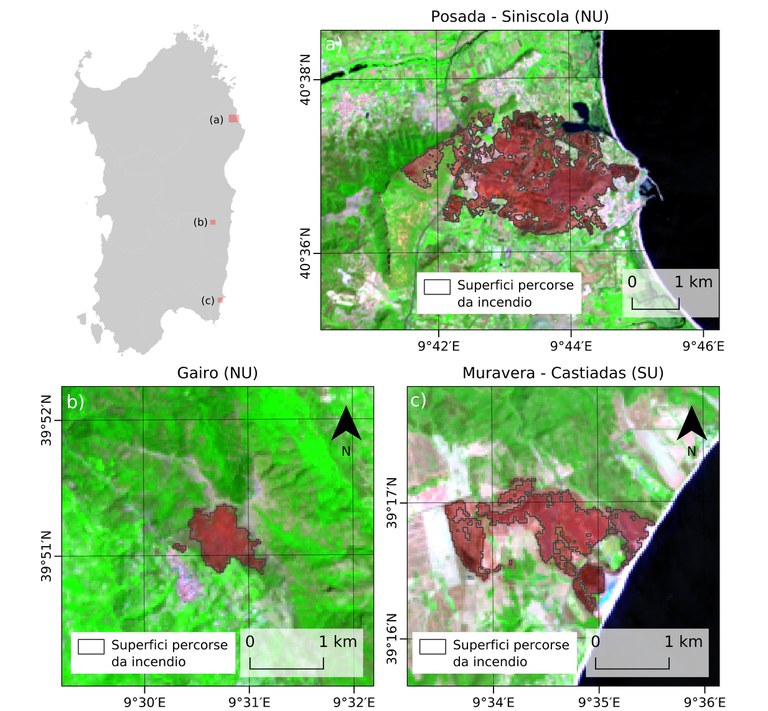 Figura 1: Superfici percorse da incendio nei comuni di Posada e Siniscola (a), Gairo (b), e Muravera e Castiadas (c) nella provincia di Nuoro in Sardegna il 6 agosto 2023. Immagine in falsi colori che mostra in toni di verde la vegetazione e in toni di rosso scurole superfici incendiate. Elaborazione dati ISPRA CRE-CSA a partire da un immagine satelliatre LANDSAT9 OLI acquisita il 07/08/2023 alle 09:59:43 UTC. Sardegna_0807.jpg