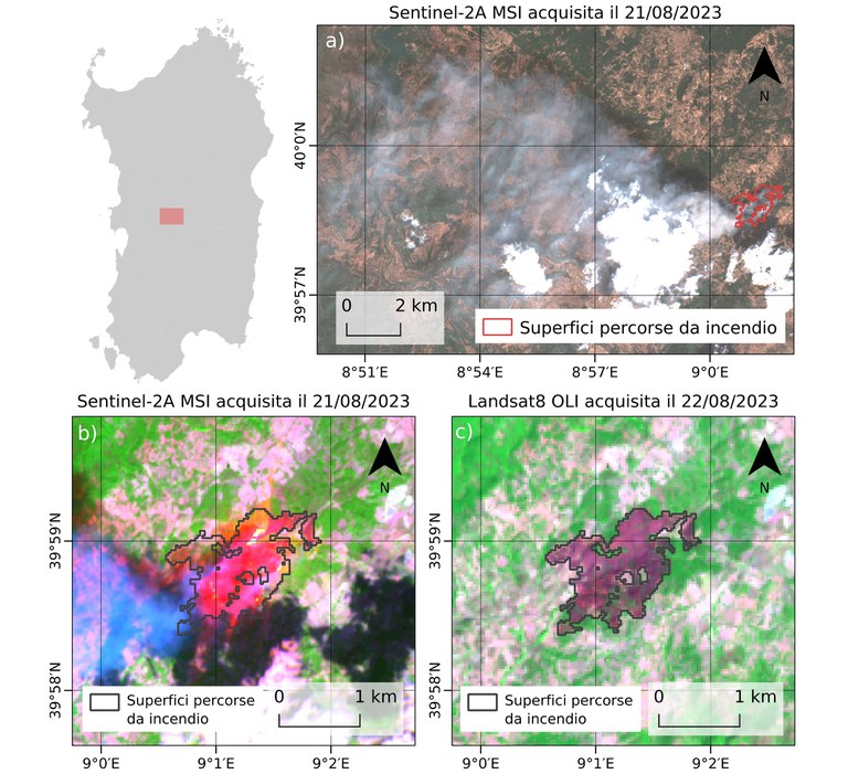 Figura 2: Superfici percorse da incendio nei comuni di Sorgono e Atzara nella provincia di Nuoro in Sardegna il 21 agosto 2023. Immagine a colori reali che mostra la dispersione del plume atmosferico generato dall’incendio (a); Immagine in falsi colori che mostra in toni di verde la vegetazione, in toni di giallo i fronti di fiamma attiva e in toni di rosso scuro le superfici incendiate (b); immagine in falsi colori che mostra in toni di verde la vegetazione e in toni di rosso scuro le superfici incendiate (c). Elaborazione dati ISPRA CRE-CSA a partire da un immagini satellitari LANDSAT8 OLI e Sentinel-2A MSI. Sorgono_NU_0822.jpg