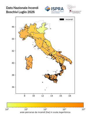 Figura1 Italia.PNG Figura 1 – Distribuzione nazionale delle superfici percorse da incendio nel periodo compreso tra il 1° gennaio e il 28 luglio 2026. La gradazione cromatica dal giallo all’arancione rappresenta, per ciascuna regione, il valore cumulato delle superfici interessate da incendio. I punti neri indicano la localizzazione degli incendi rilevati. Elaborazione ISPRA – Centro Operativo Sorveglianza Ambientale.