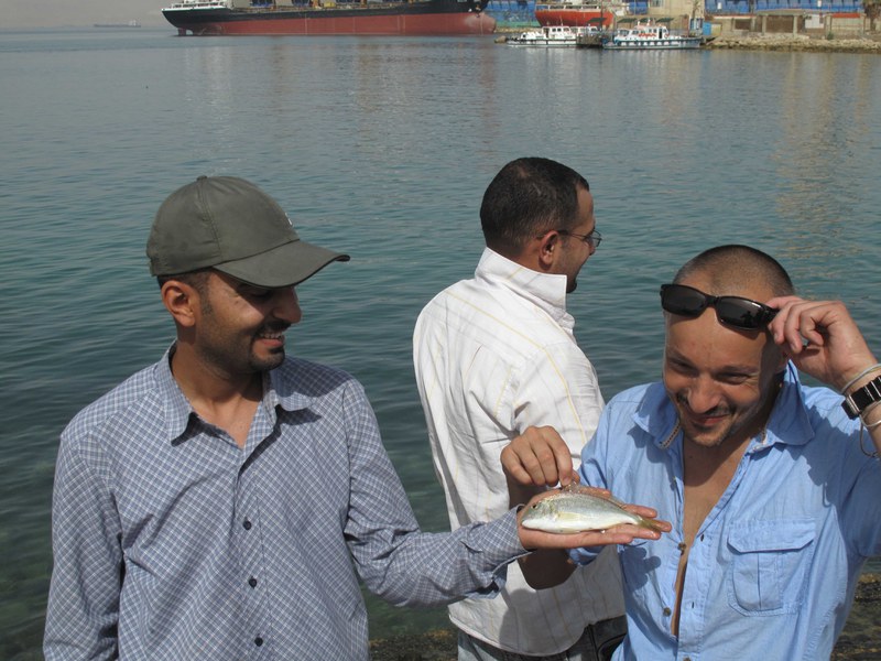 Ricercatori ISPRA e pescatori ricreativi durante uno scambio amichevole di conoscenze sulle specie ittiche. Suez, Egitto