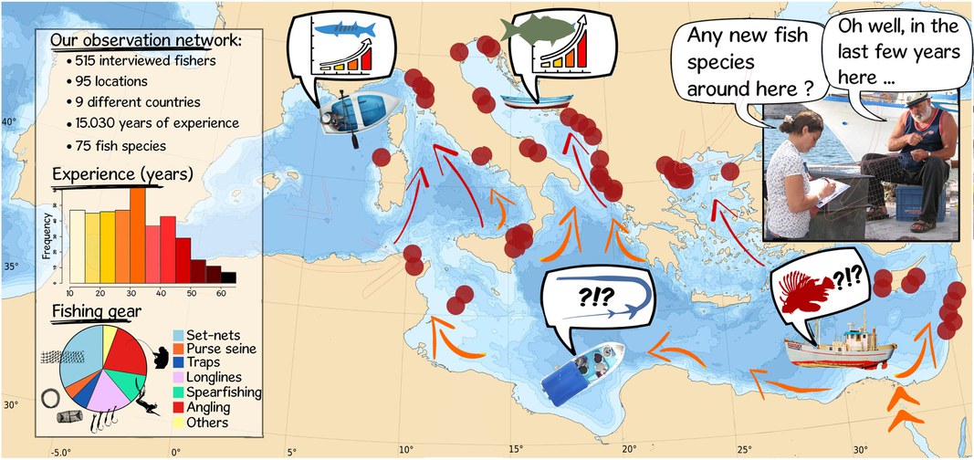 Un abstract grafico per illustrare i siti di indagine, i pescatori intervistati ed il trend di aumento e di espansione geografica delle specie ad affinità tropicale nel Mar Mediterraneo.