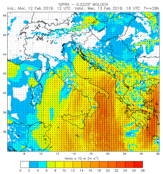 figura 1: vento a 10 m previsione MOLOCH ISPRA valida per il 13 febbraio ore 16 