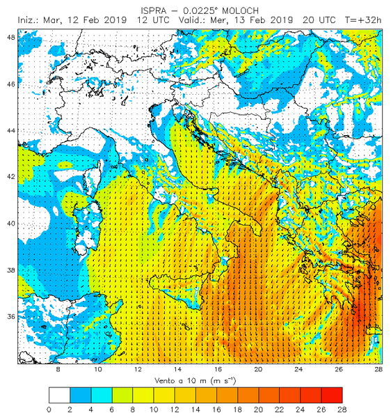 figura 2: vento a 10 m previsione MOLOCH ISPRA valida per il 13 febbraio ore 20