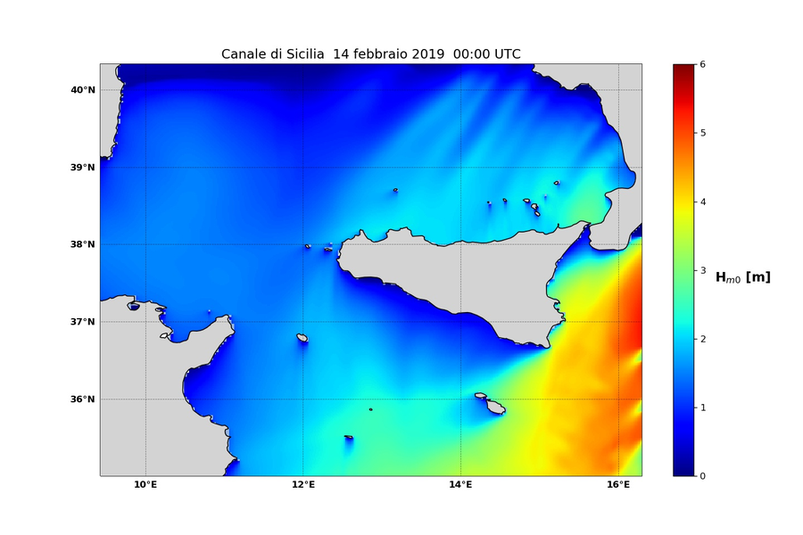 figura 7: altezza significativa in metri previsione MCWAF ISPRA  REGIONALE SICILIA valida per il 14 febbraio ore 00