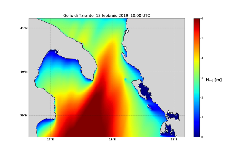 figura 8: altezza significativa in metri previsione MCWAF ISPRA  REGIONALE GOLFO DI TARANTO-CANALE D’OTRANTO valida per il 13 febbraio ore 10