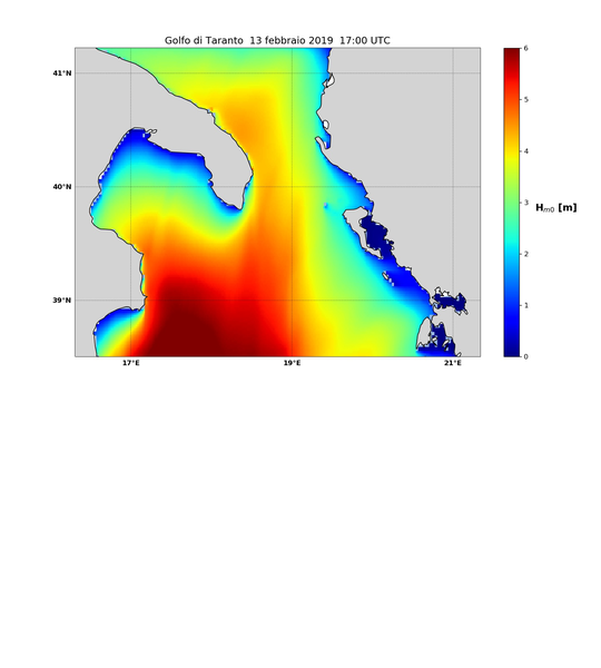 figura 9: altezza significativa in metri previsione MCWAF ISPRA  REGIONALE GOLFO DI TARANTO-CANALE D’OTRANTO valida per il 13 febbraio ore 17