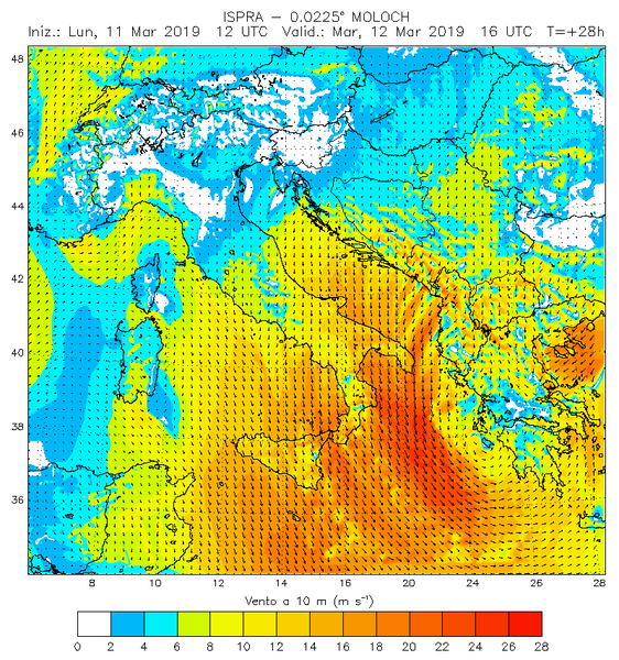vento a 10 m previsione MOLOCH ISPRA valida per il 12 marzo ore 16