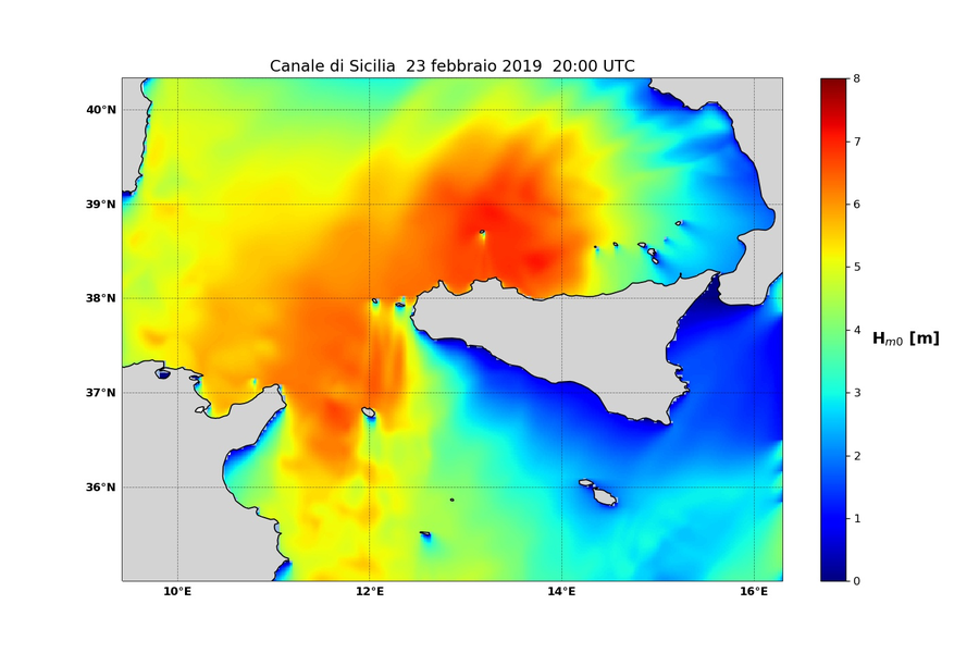 altezza significativa in metri previsione MCWAF ISPRA  REGIONALE SICILIA valida per il 23 febbraio ore 20