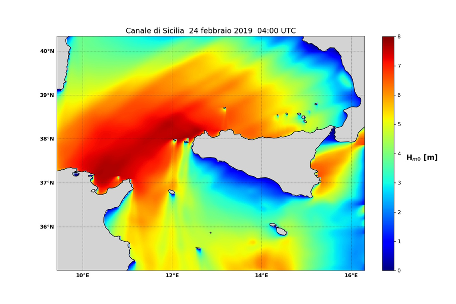 altezza significativa in metri previsione MCWAF ISPRA  REGIONALE SICILIA valida per il 24 febbraio ore 04