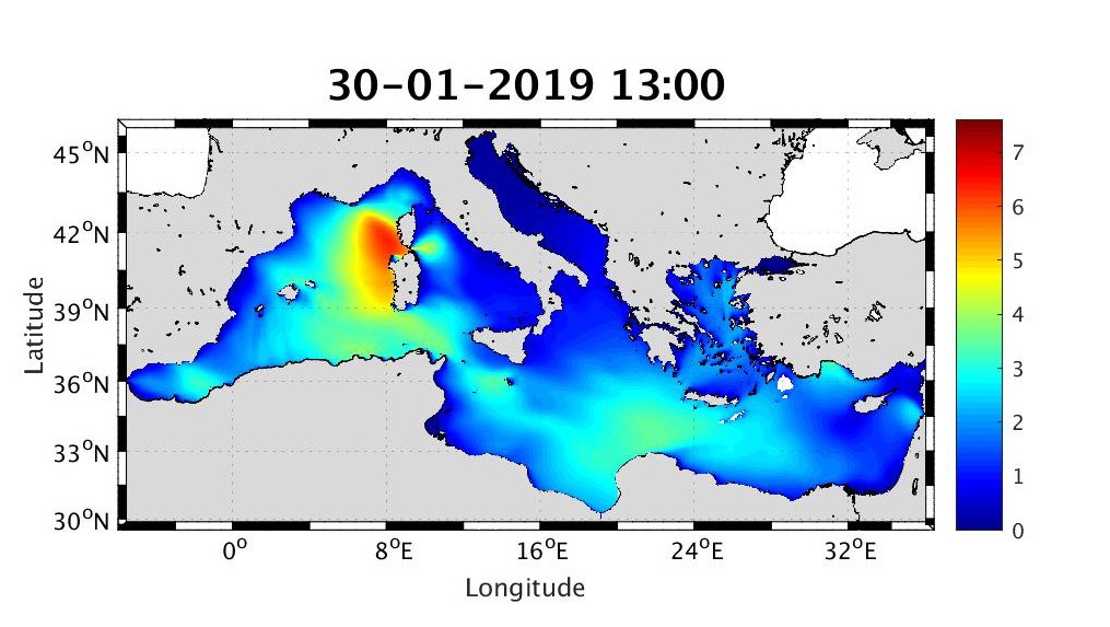 30/01/2019 ore 14 - previsione altezza significativa (Hm0) – fonte:MCWAF ISPRA
