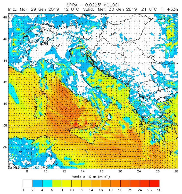 30/01/2019 ore 22  - previsione vento a 10 m – fonte: MOLOCH ISPRA