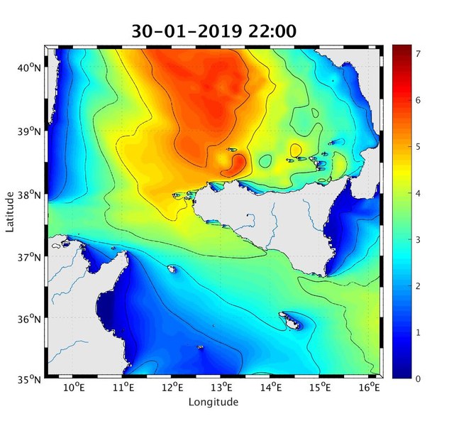 30/01/2019 ore 23 - previsione altezza significativa (Hm0) – fonte:MCWAF ISPRA REGIONALE SICILIA