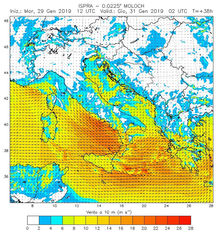 31/01/2019 ore 03  - previsione vento a 10 m – fonte: MOLOCH ISPRA