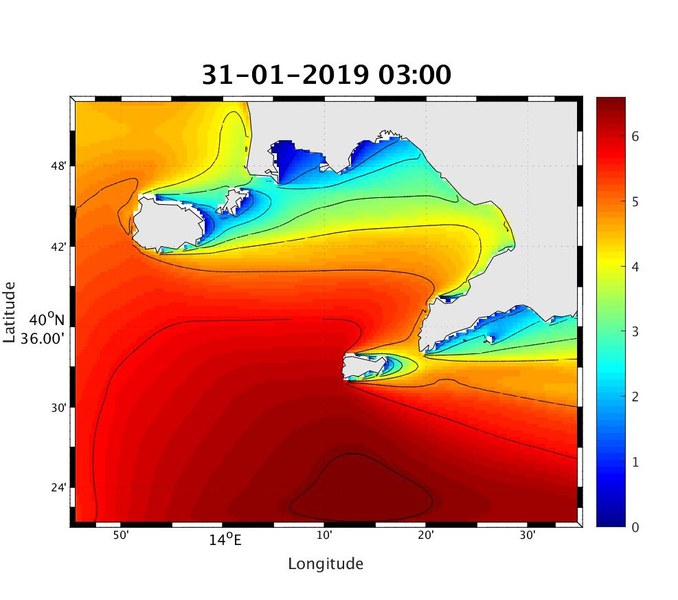 31/01/2019 ore 04 - previsione altezza significativa (Hm0) – fonte:MCWAF ISPRA COSTIERO GOLFO DI NAPOLI