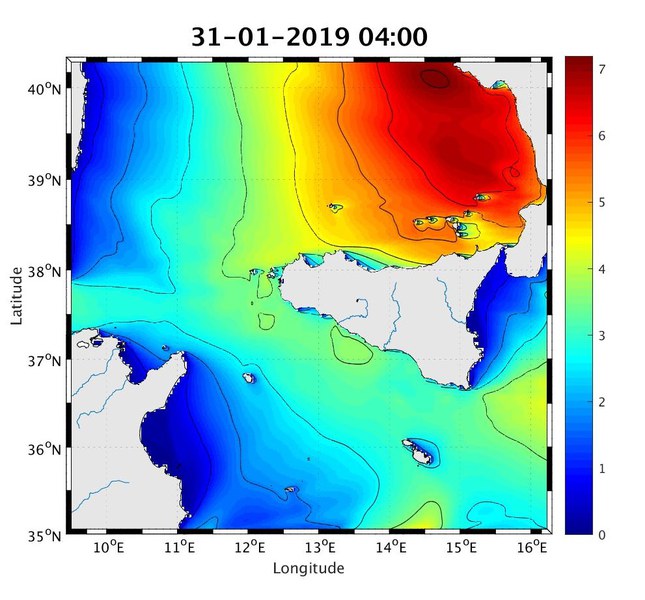 31/01/2019 ore 05 - previsione altezza significativa (Hm0) – fonte:MCWAF ISPRA REGIONALE SICILIA