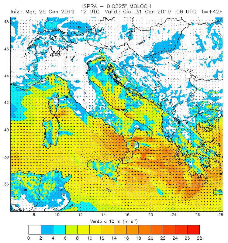 31/01/2019 ore 07  - previsione vento a 10 m – fonte: MOLOCH ISPRA