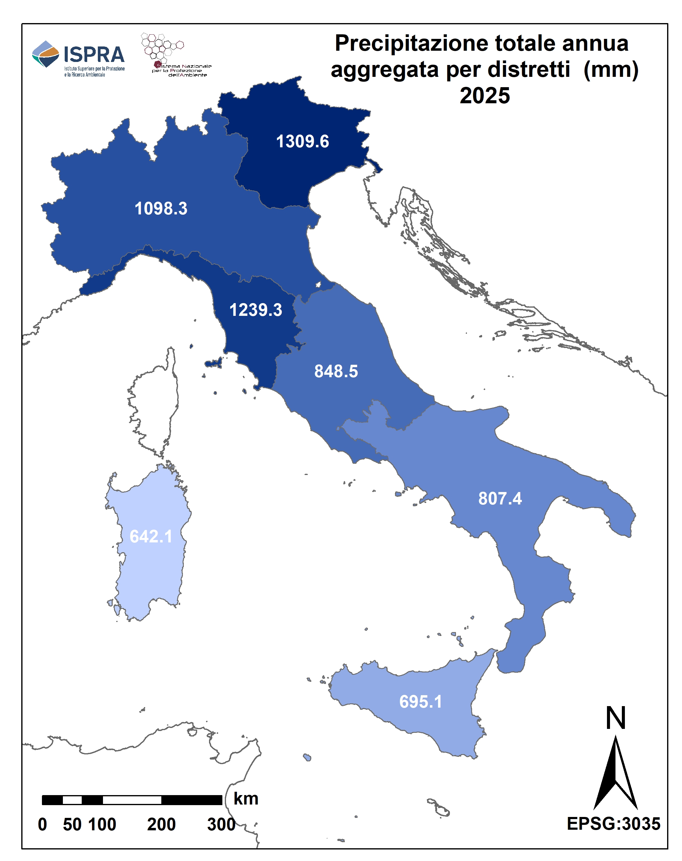 Distribuzione spaziale precipitazione 
                              annua a scala distrettuale